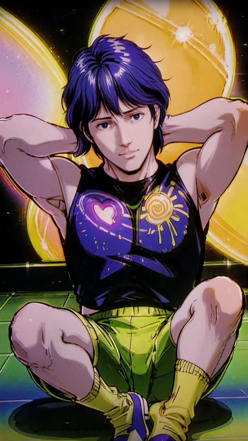 (masterpiece, Best quality, high resolution, ultra-detailed), (Beautiful and aesthetically pleasing: 1.2), A masterpiece image: ((1man)), black hair, black eyes, detailed eyes and face, cheerful holiday outfit, stylish bright blue shorts, green socks, yellow T-shirt with a bright print, purple sneakers, bright bracelets and earrings in retro style, children's party, neon light, dancing, dance floor,purple theme,bioluminescent fbpz body paint, monochrome