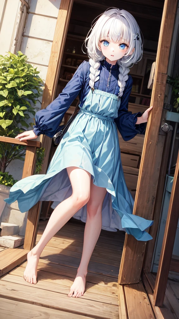 1 Girl, Orange Sleeves, White Hair, White Skin, Light Blue Hair Ornament, Blue Suspenders, Blue Clothes, Light Blue Eyes, Barefoot, Double Braids