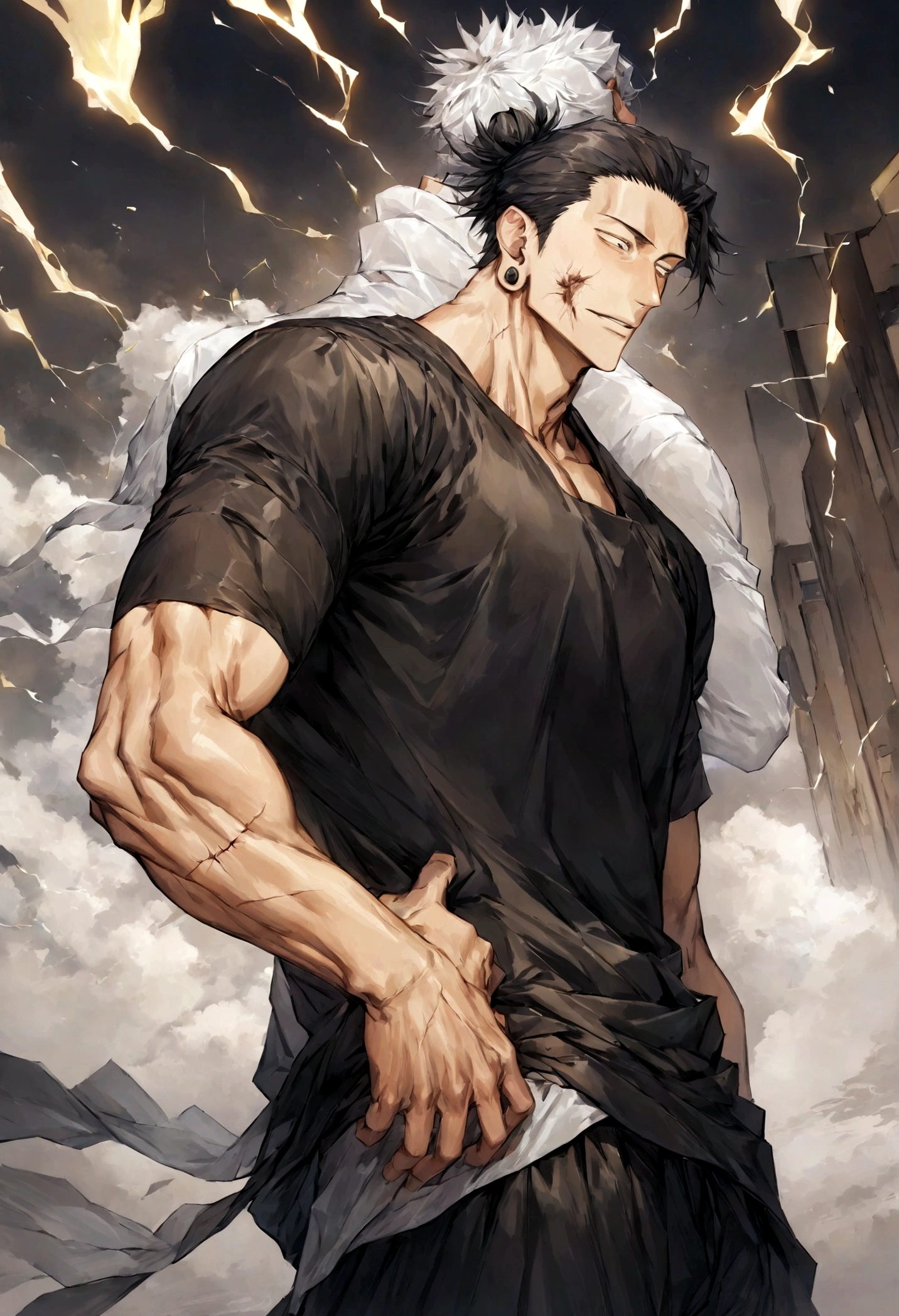 1 boy, Men's Center, Satoru gojou,Jujutsu Kaisen、Injury, electricity,, masterpiece, highest quality, so beautiful,、cool、、strongest、