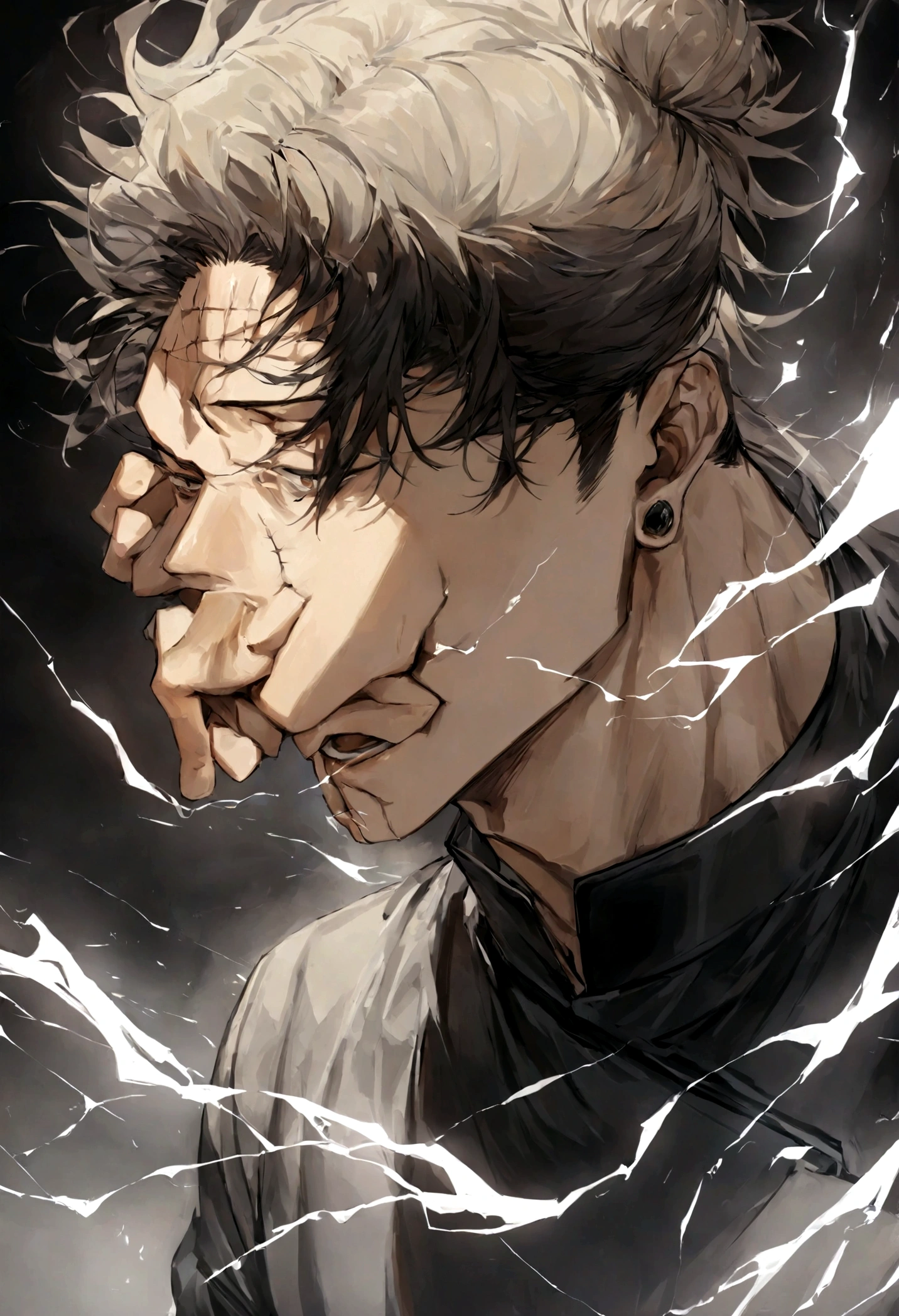 1 boy, Men's Center, Satoru gojou,Jujutsu Kaisen、Injury, electricity,, masterpiece, highest quality, so beautiful,、cool、、strongest、
