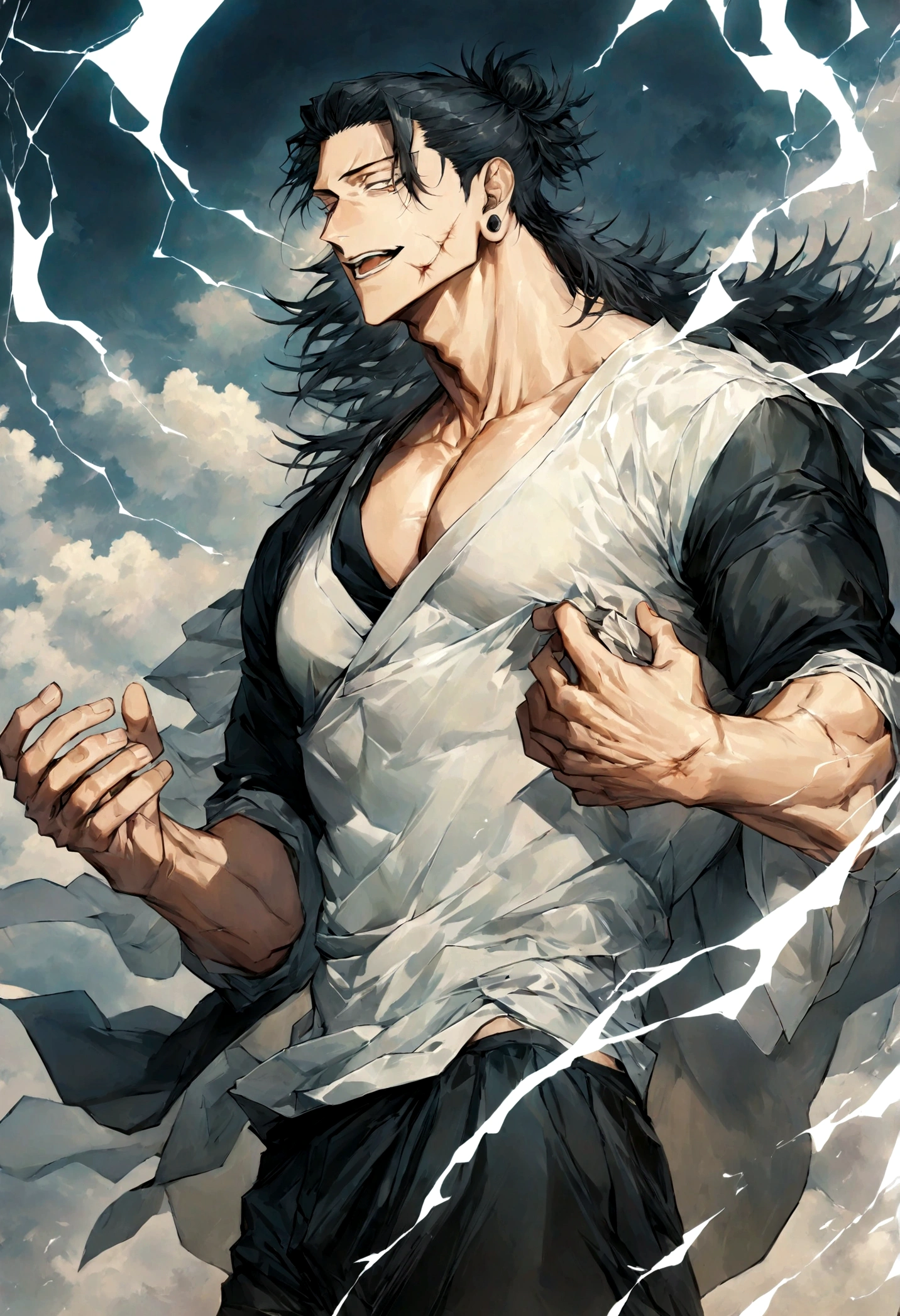 1 boy, Men's Center, Satoru gojou,Jujutsu Kaisen、Injury, electricity,, masterpiece, highest quality, so beautiful,、cool、、strongest、