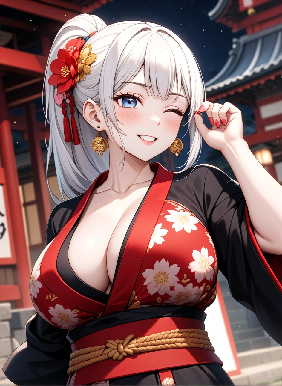 ((one personの女性)), Beautiful Face,Laugh shyly,((Wink:1.7)),Laughing with your mouth open,turn bright red,Glossy pink lips,night,Shrine festival sexpensives,((Anime style background)),masterpiece, highest quality, so beautiful, Latest, Complex details, (Pink long nails),AI-generated, Complex,High resolution, highest quality, super high quality,3D Images、View your viewers、3D Images,one person,Long white hair,High Ponytail,blue eyes,Anime woman posing for a photo, [[fine grain、Colorful eyes、Shining Eyes:1.15]],(Squint your eyes:1.1),a hyperRealistic , hyperRealistic , Realistic,Anime woman with long and white hair, Smooth anime CG art, A woman in a colorful kimono with gold embroidery, (Black kimono),Red floral pattern,Long flower hair ornament,Big earrings,(Big Breasts:1.1),Mature Body,expensive,Big Ass,Fine details,Tight waist,Abdominal muscles,(Face close-up:1.5),Tilt your face,Shooting from an angle,Raise one arm to shoulder level