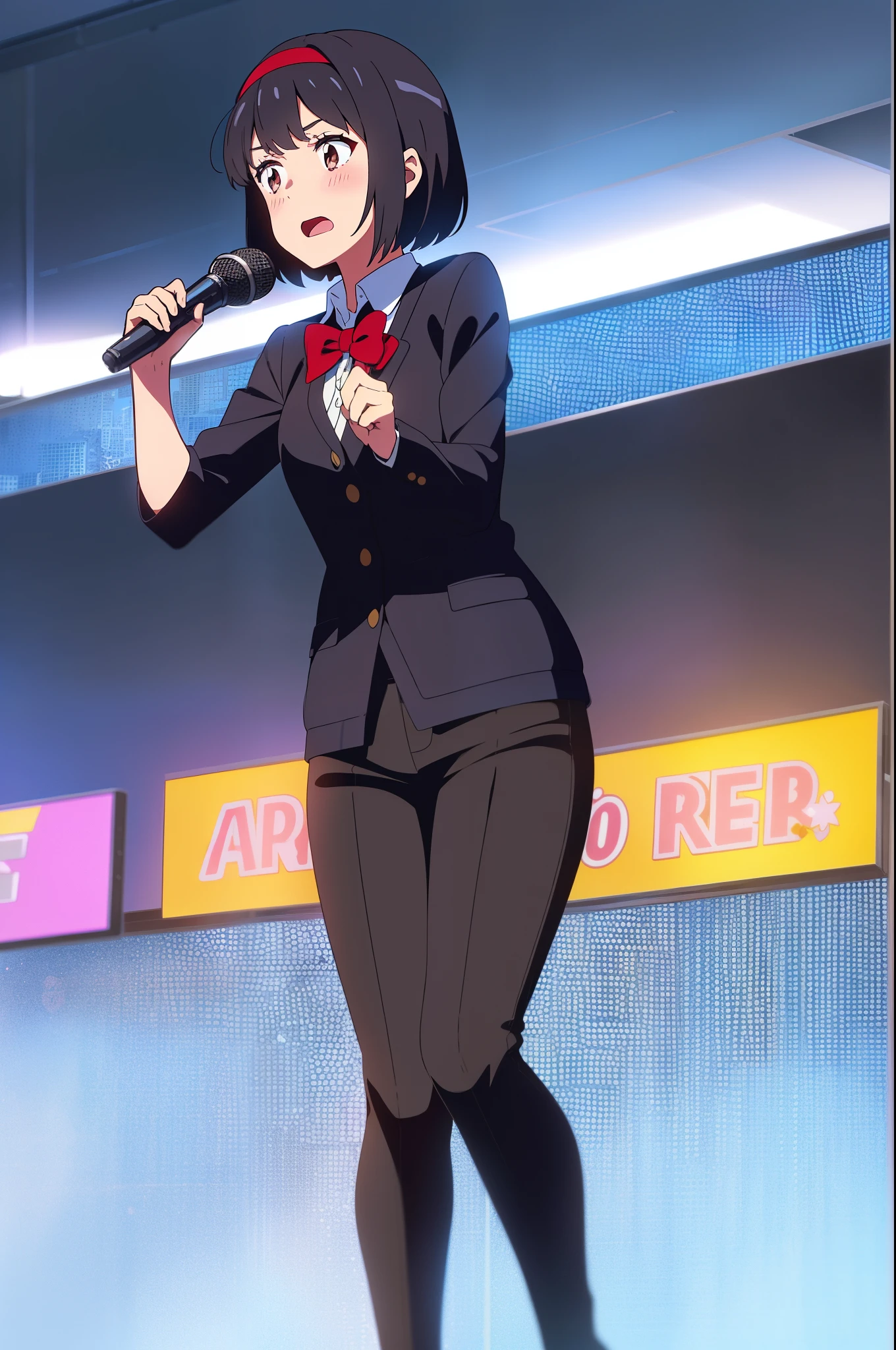 shinkai makoto, kimi no na wa., 1girl, bangs, black hair, blush, brown eyes, shinny skin, red headband, red ribbon, red bow, collared shirt, white shirt, black cardigans, black pants, short hair, cute, formal, solo, giving a speech at a conference, open mouth