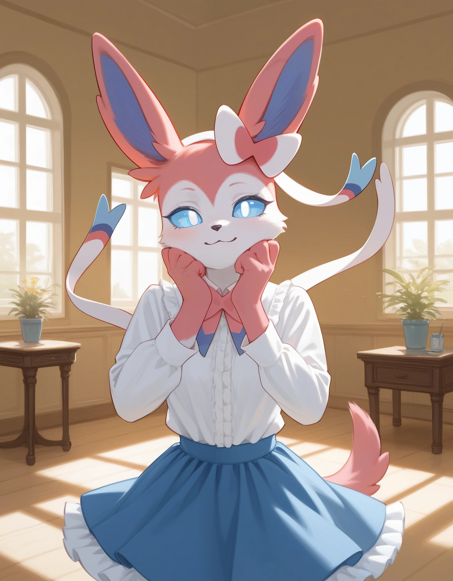 Solo, score_9,score_8_up,score_7_up,  an anthro furry female sylveon, blue sclera, white eyes, wearing pink blouse, white shirt frilly skirt, indoors, bashful pose, hands to her face