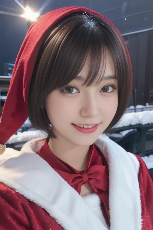 1girl, santa claus costume, symmetry, beautiful cute girl, slender figure, (ultra short hair:1.5), ultra big smile, Beautiful large round droped detailed eyes, beautiful detailed lips, extremely detailed face, natural makeup, (best quality,4k,8k,highres,masterpiece:1.2),(ultra-detailed,realistic,photorealistic,photo-realistic:1.37),professional,vivid colors,studio lighting,snowing night town,christmas eve
