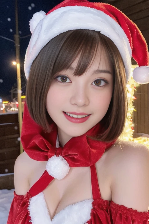 1girl, santa claus costume, symmetry, beautiful cute girl, slender figure, (ultra short hair:1.5), ultra big smile, Beautiful large round droped detailed eyes, beautiful detailed lips, extremely detailed face, natural makeup, (best quality,4k,8k,highres,masterpiece:1.2),(ultra-detailed,realistic,photorealistic,photo-realistic:1.37),professional,vivid colors,studio lighting,snowing night town,christmas eve