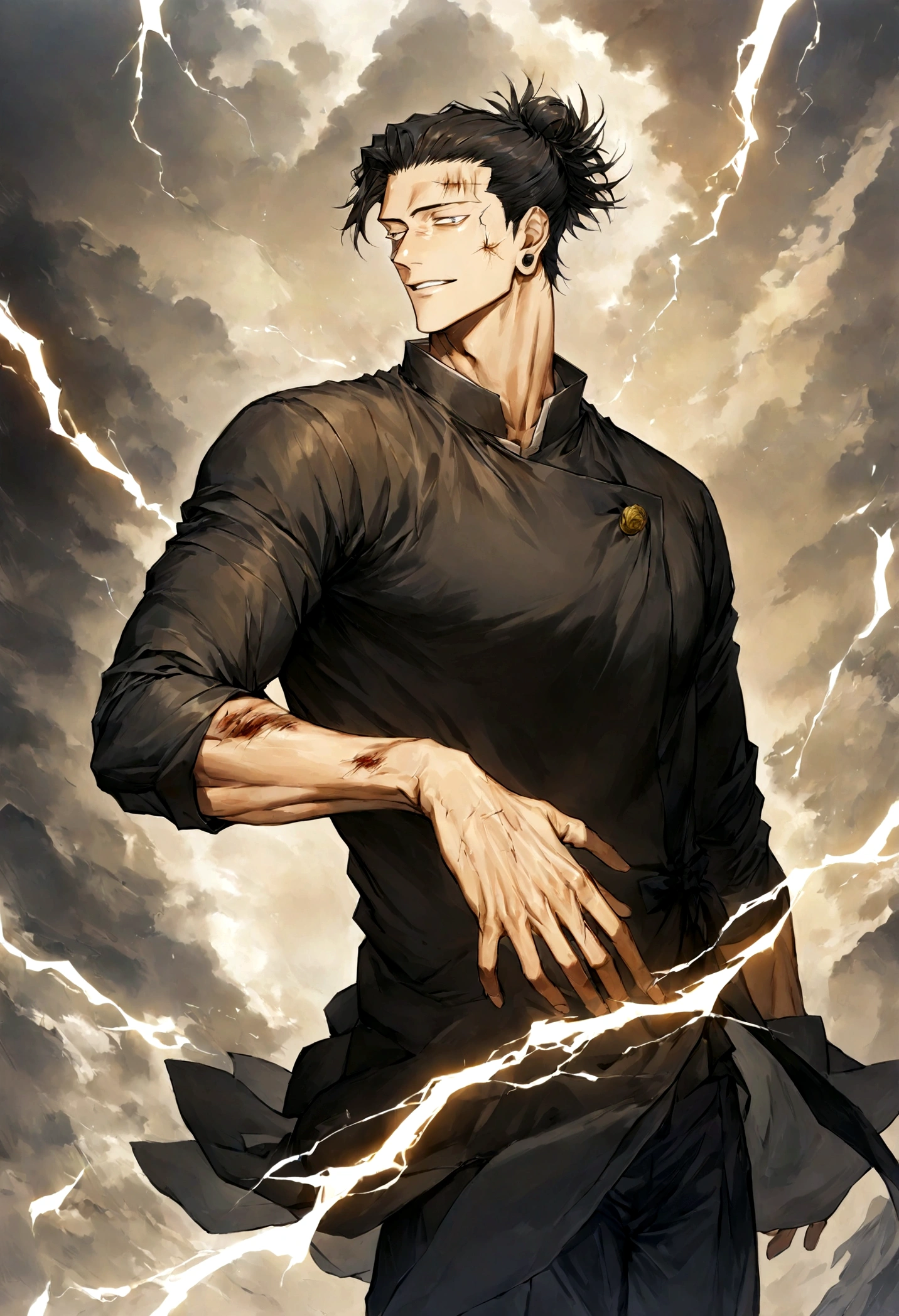 1 boy, Men's Center, Satoru gojou,Jujutsu Kaisen、Injury, electricity,, masterpiece, highest quality, so beautiful,、cool、、strongest、