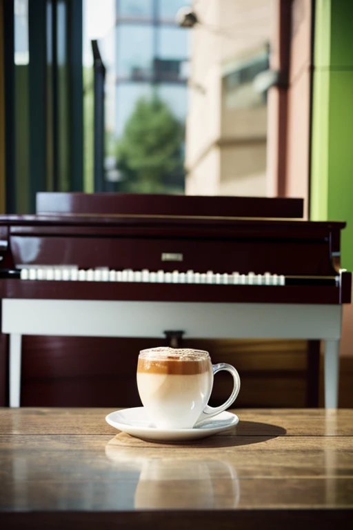Una taza de cafe y una taza de te sobre un piano