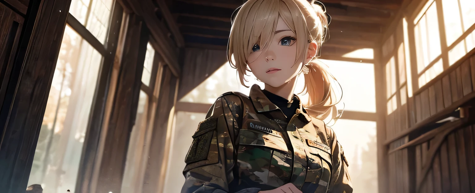 (masterpiece), (Top quality cowboy_shot),1 female, (length_Ponytail Blonde Hair:1.21), (Hair on one eye:1.23), Wearing camouflage clothing, Beautiful eyes in every detail, Gorgeous face with attention to detail, Perfect Anatomy, very cute, Dynamic pose, Perfect Shading, Dramatic lighting, Rendered in 8K resolution、High quality detail, Concept Art, Smooth, Sharp focus, figure, Very detailed, Soft and natural volume, Cinematic perfect light, Intricate details, Pixiv, Krentz-Kschaert,