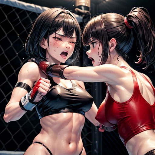 Wearing a monokini. Dynamic combat action. Trying to kill your opponent with a punch. Two young and beautiful Japanese female mixed martial artists in a match in the octagon. They are smashing their fists against their opponents' bodies. They are covered in blood. They are out of breath with their mouths open, drooling, one eye closed. She is sweating profusely. Short-cut black hair. Omini-finger gloves. Erect nipples. Small breasts.