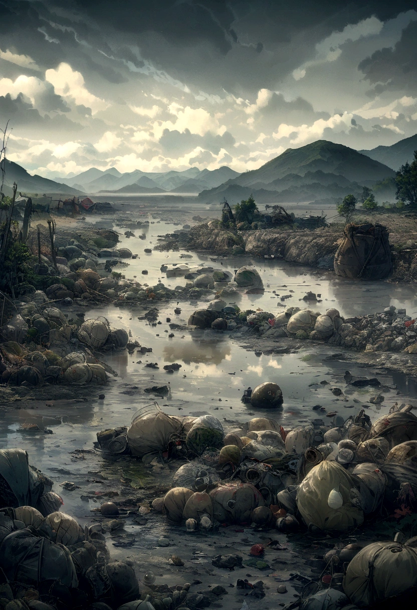 (poluted environtment, polluted river with mountain, river full of trash and grabage), gloomy, sky, clouds, 