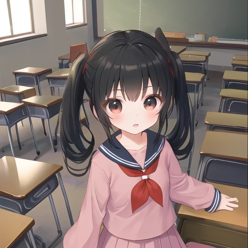 One girl、12 years old、Black Hair、Pigtails、Red Sailor Suit、skirt、classroom、whole body、Looking up