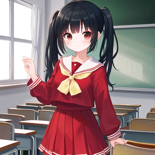 One girl、、Black Hair、Pigtails、Red Sailor Suit、skirt、classroom、whole body、Looking up