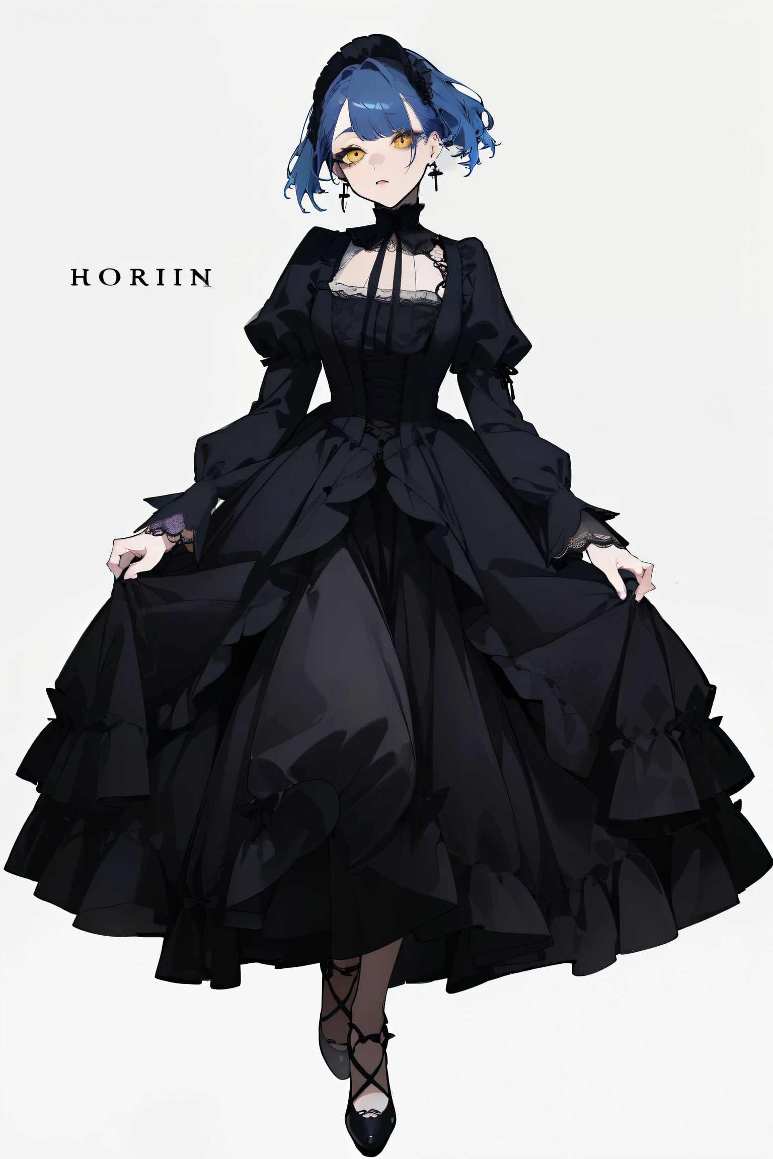 (highest quality、masterpiece:1.2), ((Mature Woman))Huge , Adult face、Blue Hair、Both sides up、Yellow Eyes, (Dark eyeshadow、Lots of earrings) Gothic Dress, Black Dress, Victorian dress,whole body,model,modeling,White background,whole body立ち絵,Down to the shoes