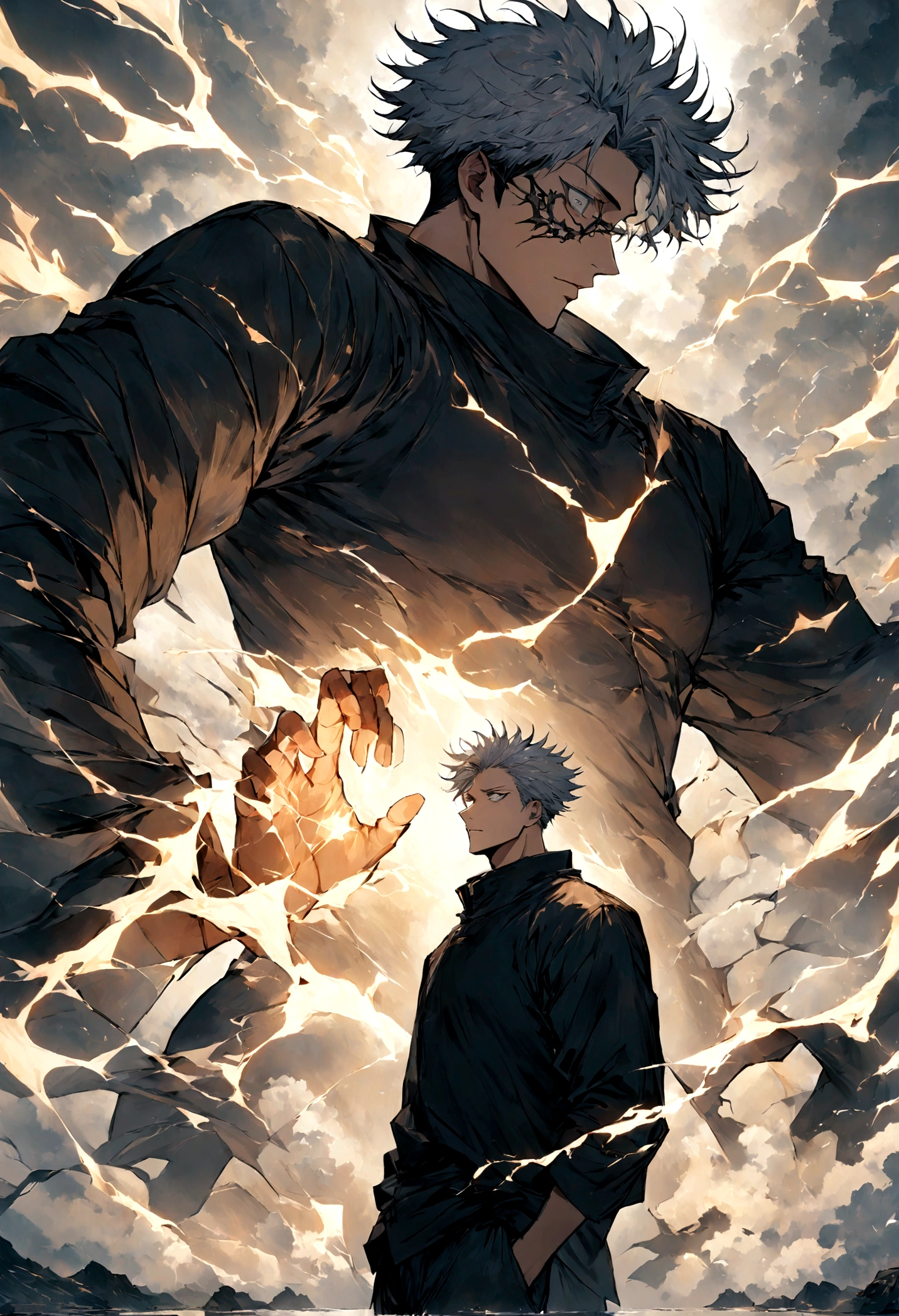 1 boy, Men's Center, Satoru gojou,Jujutsu Kaisen、electricity,, masterpiece, highest quality, so beautiful,、cool、、strongest、