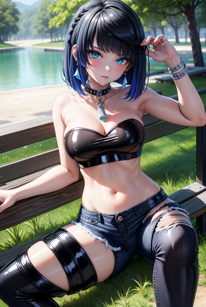 8k, highres, ultra detailed, (masterpiece:1.4), best quality, symmetrical body, (black latex strapless crop top:1.4), (jeans shorts:1.4), choker, cute, solo, earrings, short hair, blue hair, blue eyes, glow effect, finely eye, detailed face, looking at viewer, seductive face, in the park, sitting on bench, angled view, big breasts, seductive look, perfect fingers, voluptous
