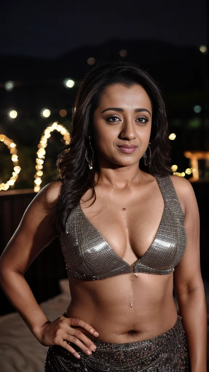 closeup bustshot of trisha, hourglass figure, deep cleavage, sweating, open arms, seductive look, night, mountains, sleeveless, sharp focus, octane, HD, 4K, high resolution selfie, bedroom