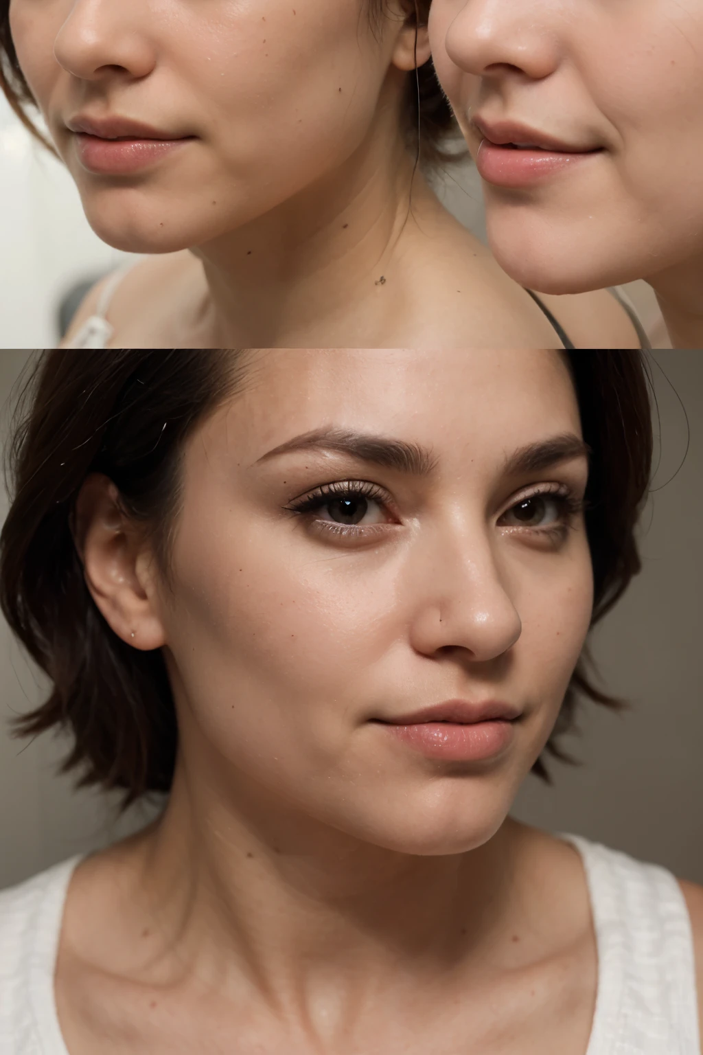 two images next to each other with realistic before and after facial rejuvenation on a beautiful woman with Latin features, one side will be the woman with marked expression lines and the other without any wrinkles