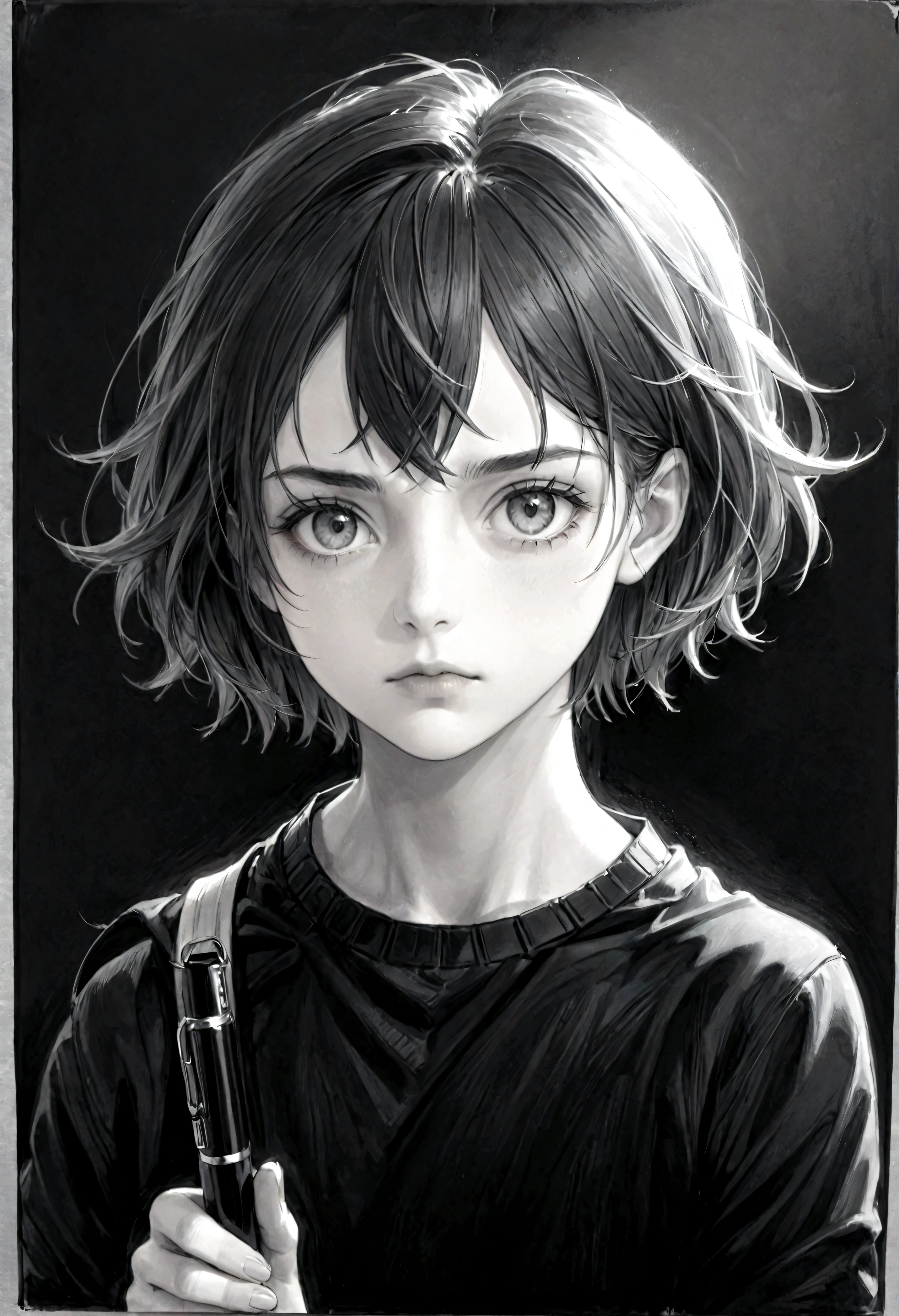 (High resolution,Practical) Short hair handsome tomboy girl, rugged, Moderate: pencil drawing, Detailed facial features, Determine the expression, Dark background