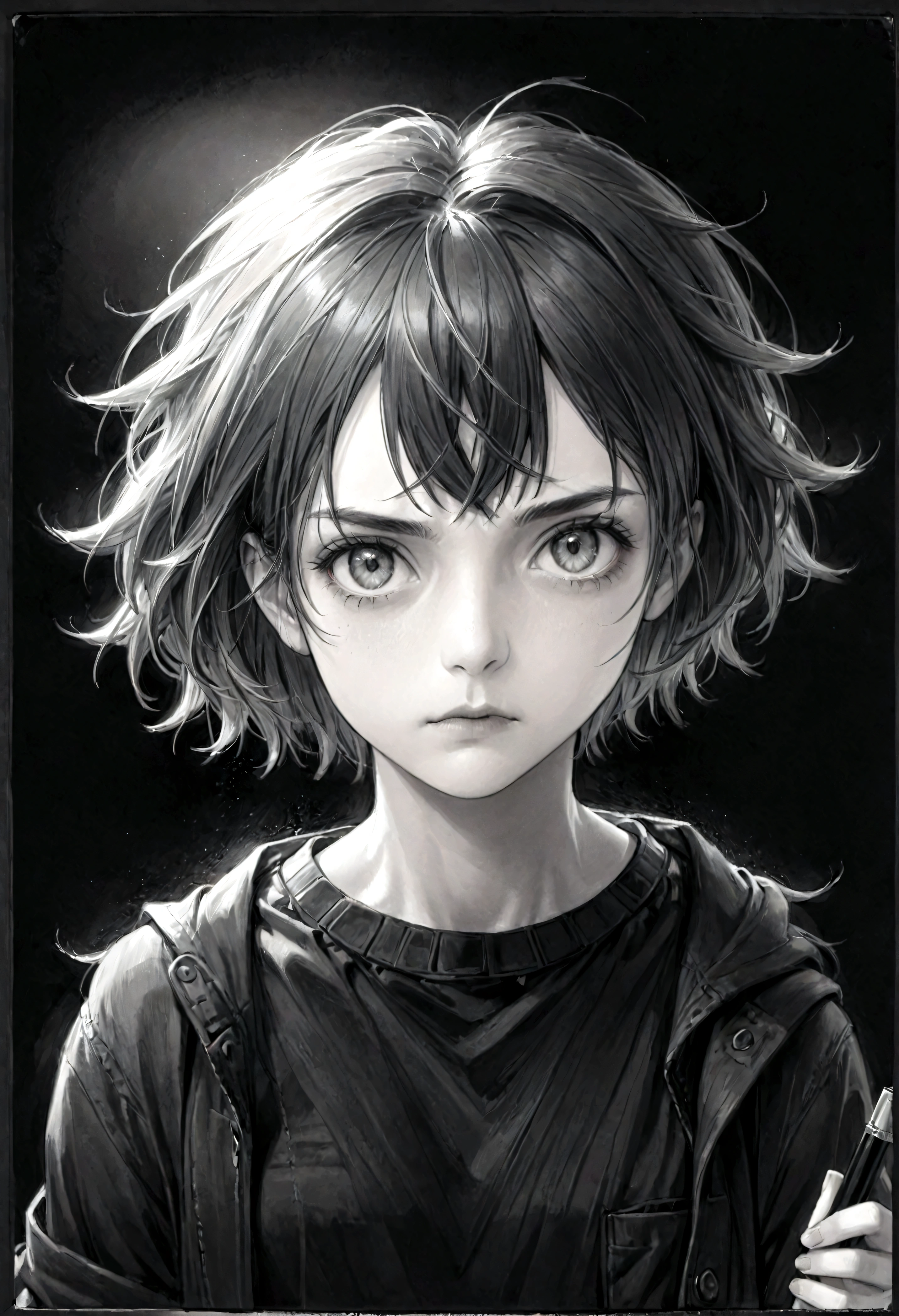 (High resolution,Practical) Short hair handsome tomboy girl, rugged, Moderate: pencil drawing, Detailed facial features, Determine the expression, Dark background