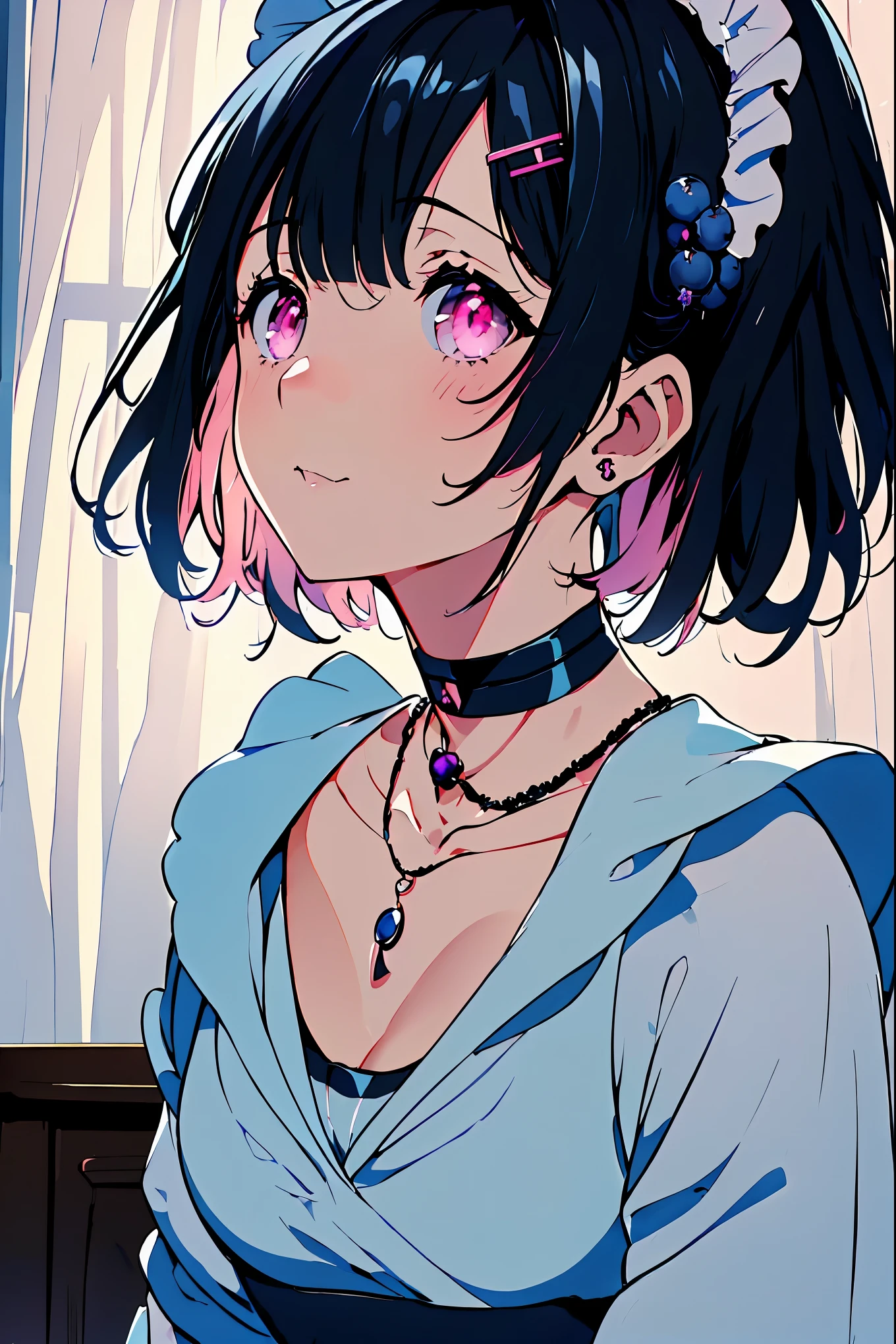 {{{{masterpiece}}}}, {{{Super detailed}}}, {{{high resolution}}},{{high resolution:1.3}}, {{good anatomy}}, (((best quality))), ((in school,indoor,blue theme,anime style,anime girl)),(((pink eyes,black hair streaked blue inside))),(big perfect eyes),((yandere,dark eyelash)),(((maid outfit in pale blue color,collarbone, hair ornament, blueberry,maid dress, jewelry, choker,necklace,dark atmosphere,night time))), hairclip, {8k cg wallpaper}, {{illustration,zoom in,focus on face,close-up shot, looking out of window}},((floating hair|blunt bangs|short hair|curly hair))smile,(1girl:1), bride,solo,alone,(Color difference:1.2),emotionless,blushing,neat face,(medium breasts),((The details are complex、Shallow depth of field、weak lighting、a Canon EOS R5、50mm lens、f / 2.8、shot at 8k resolution))