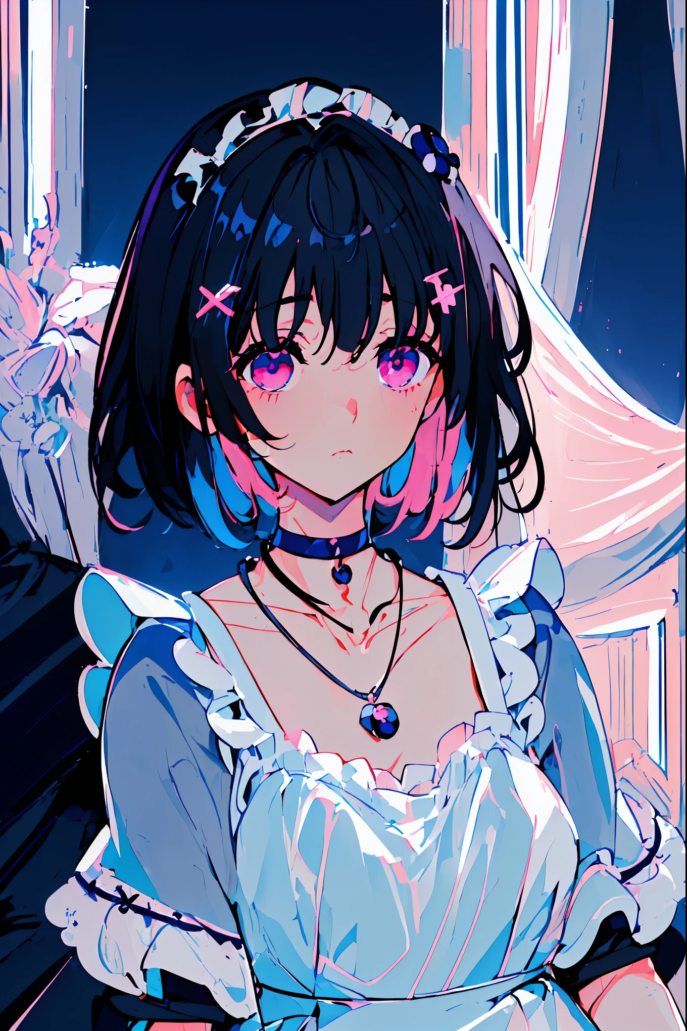 {{{{masterpiece}}}}, {{{Super detailed}}}, {{{high resolution}}},{{high resolution:1.3}}, {{good anatomy}}, (((best quality))), ((in school,indoor,blue theme,anime style,anime girl)),(((pink eyes,black hair streaked blue inside))),(big perfect eyes),((yandere,dark eyelash)),(((maid outfit in pale blue color,collarbone, hair ornament, blueberry,maid dress, jewelry, choker,necklace,dark atmosphere,night time))), hairclip, {8k cg wallpaper}, {{illustration,zoom in,focus on face,close-up shot, looking out of window}},((floating hair|blunt bangs|short hair|curly hair))smile,(1girl:1), bride,solo,alone,(Color difference:1.2),emotionless,blushing,neat face,(medium breasts),((The details are complex、Shallow depth of field、weak lighting、a Canon EOS R5、50mm lens、f / 2.8、shot at 8k resolution))