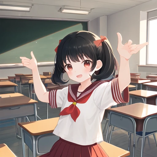 One girl、12 years old、Black Hair、Two knots、Red Sailor Suit、skirt、classroom、whole body、Looking up