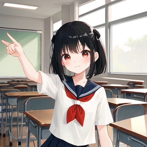 One girl、、Black Hair、Two knots、Red Sailor Suit、skirt、classroom、whole body、Looking up