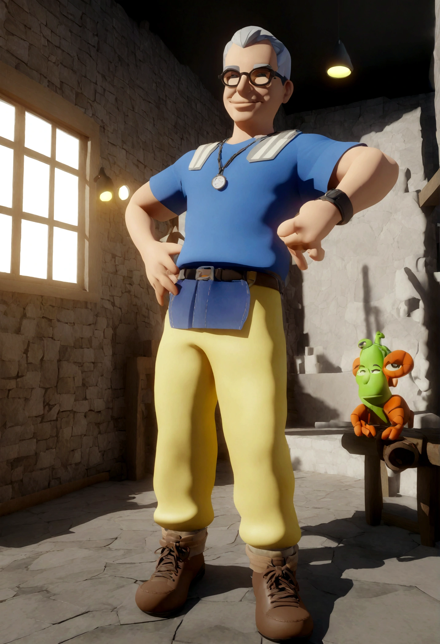 Cartoon character of a man in black glasses and blue shirt, um personagem animado, Caractere estilizado, animation style rendering, 3D estilizado, Arnold Maya rendering, Stylized 3D rendering, toon render screenshot, Personagem 3D, Personagem 3D, Stylized 3D rendering, 3D character rendering, personagem de desenho animado, Personagem de close up, Pose de personagem, (Estilo Pixar) (parte mestre:1.2) (Bokeh) (melhor qualidade) (pele detalhada) (textura detalhada) (8K) (argila) (cinematic lighting) (sharp focus,Senta e vaza a parte superior do corpo