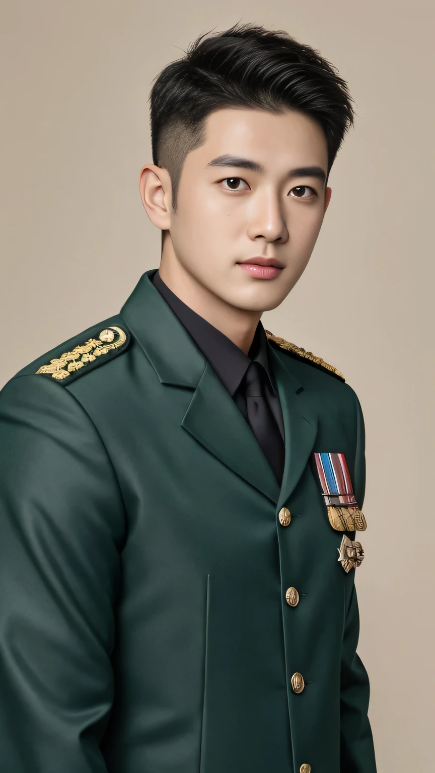 4k, (masterpiece), best of quality,  2d, arafed man in a  posing for a picture, Wearing Uniform,, Embroidered uniform guard, Wearing military uniform, yanjun chengt, Dressed in full military green, officer, Unified background, Wearing a general\of，Upper body unobstructed photos，Green Clothing，Full face photo，Handsome hairstyle