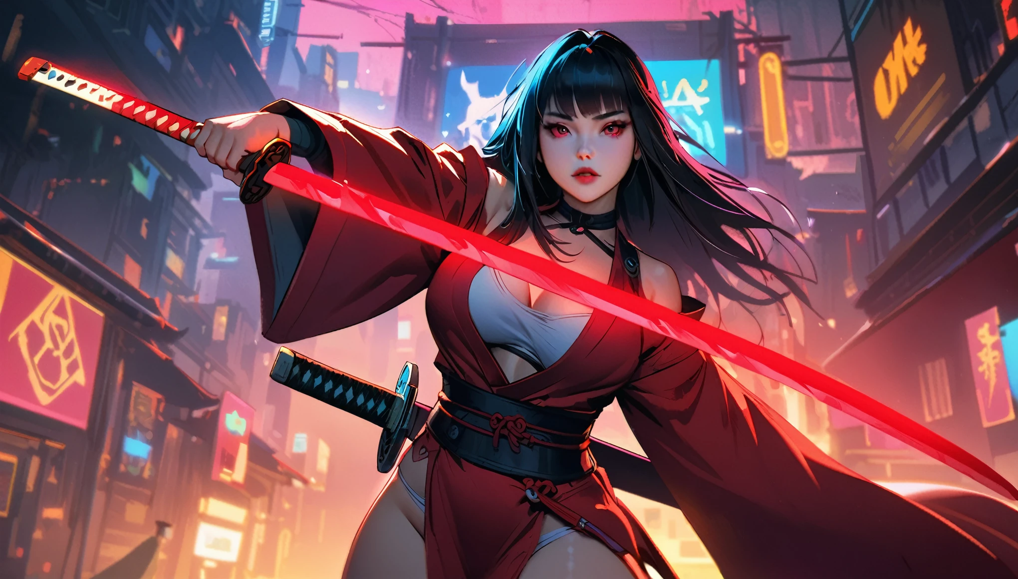 a woman in a black and red outfit holding a sword, inspired by Kanō Hōgai, very beautiful cyberpunk samurai, female samurai, by Okada Beisanjin, cyberpunk geisha, feudal japan art, artwork in the style of guweiz, katana zero video game character, by Kanō Tan&#39;yū, very beautiful, 18 years, (((masterpiece, Best quality, Raw photo, Photorealistic, Depth of field, ultra detailed, detailed face, very precise eyes))), dynamic action pose(Masterpiece), (Anime Style), (Super Detailed), (Brutal), (UHD, HDR), (8K), (High Resolution: 1.2), (Complex and Beautiful: 1.2), (Dramatic Lighting: 1.2) , (staring at the viewer), lora:add_detail:1, female necromancer, flowing white hair, detailed red eyes, skelet, Tomohiko Ito style