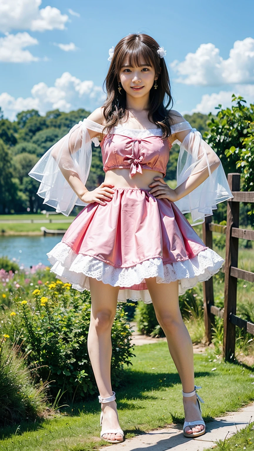 (8k、RAW Photos、highest quality、masterpiece:1.2)、(Realistic、Realistic)、1 girl、((Pink and light blue、Pretty Cure、fairy tale、Belly button、skirt、Cape、Off the shoulder、Scrunchie、See-through、Long Hair、Frills、smile、ribbon、Large Breasts、Sandals、whole body、Starry Sky、Above the Clouds、View from the front、looking at the camera、Standing with hands on hips))、