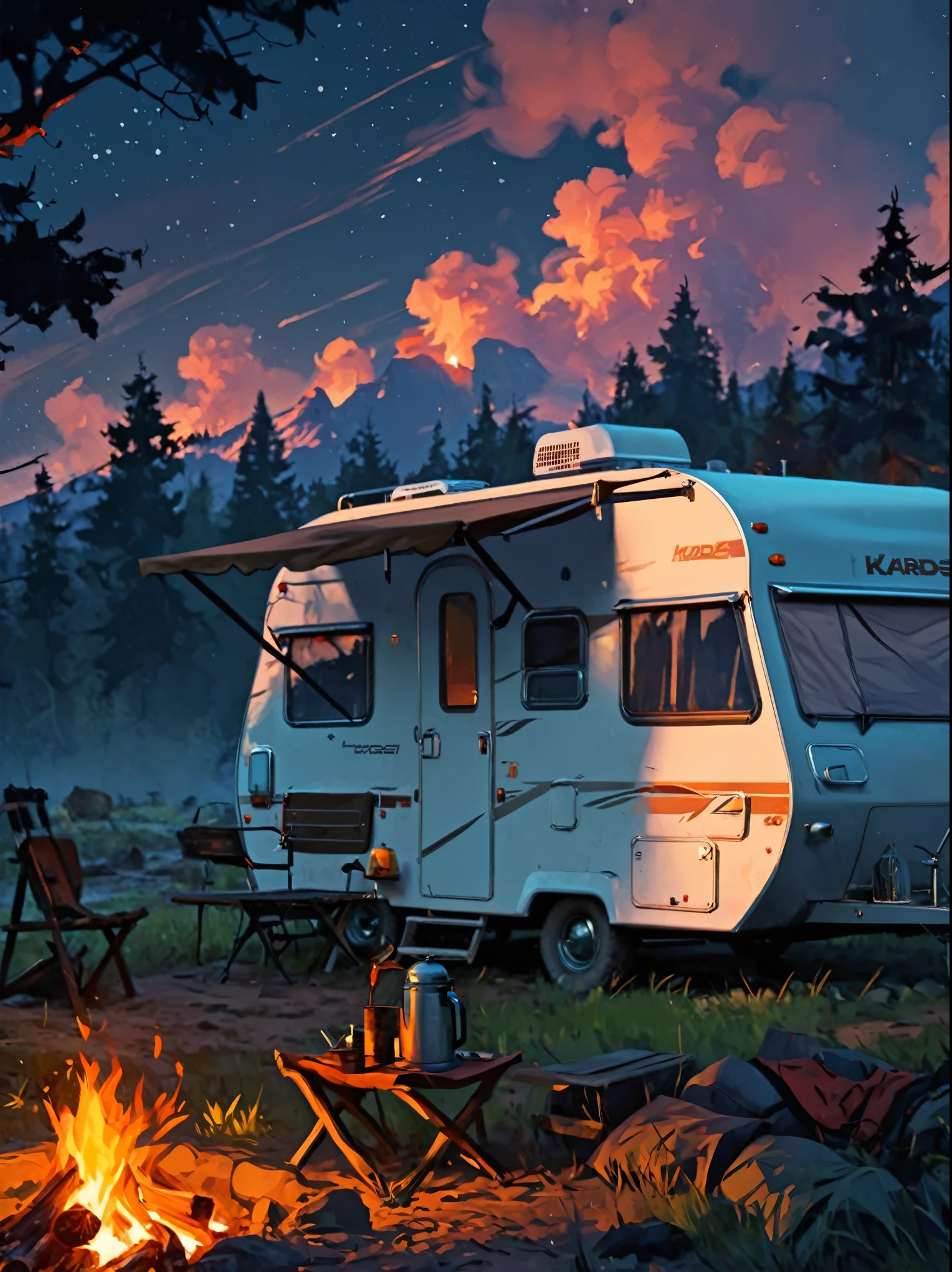 there is a camper trailer parked next to a campfire in the woods, high quality desktop wallpaper, 4 k hd illustrative wallpaper, concept art | rhads, background artwork, bussiere rutkowski andreas rocha, high quality wallpaper, 4 k hd wallpaper c 1 7, stunning art style, 4 k hd wallpaper illustration, rhads and lois van baarle