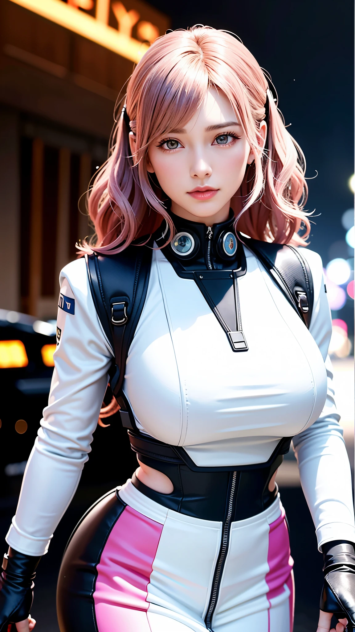 Top Quality, Ultra High Definition, (backlight), (Photorealistic: 1.4), (front shot:1), 1 Beautiful Girl, (japan Idol), Detailed Face, (Hair Style: Pink:1, fullbang, wavy-hairstyle:1), Contrapposto, Perfect Anatomy, muscular and plump:0.5, wavy hair, Professional Lighting, ((wearing Futuristic Police Racing Suits, police wappen, High-tech Headset, military harness, racing gloves, handgun)), outside honey wavy hairstyle, ("POLICE", Cloths colors based on silver pink black white), (background, crashed cars, fire, (Explosion)),