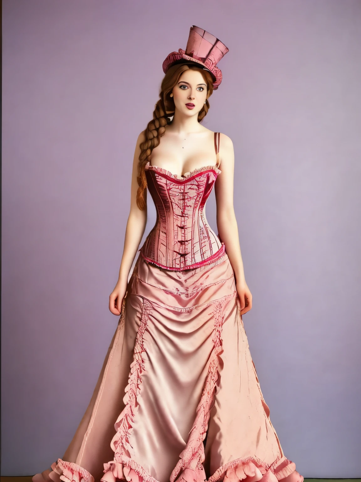 araffe woman in a pink dress and hat standing next to a table, elegant corset, romantic dress, velvet with lace gown, corset, victorian inspired clothing, in victorian aristocrat, dreamy and ethereal, victorian era, retro and ethereal, romantic gown, victorian dress, retro vintage and romanticism, tulle and lace, shy and demure, victorian style costume