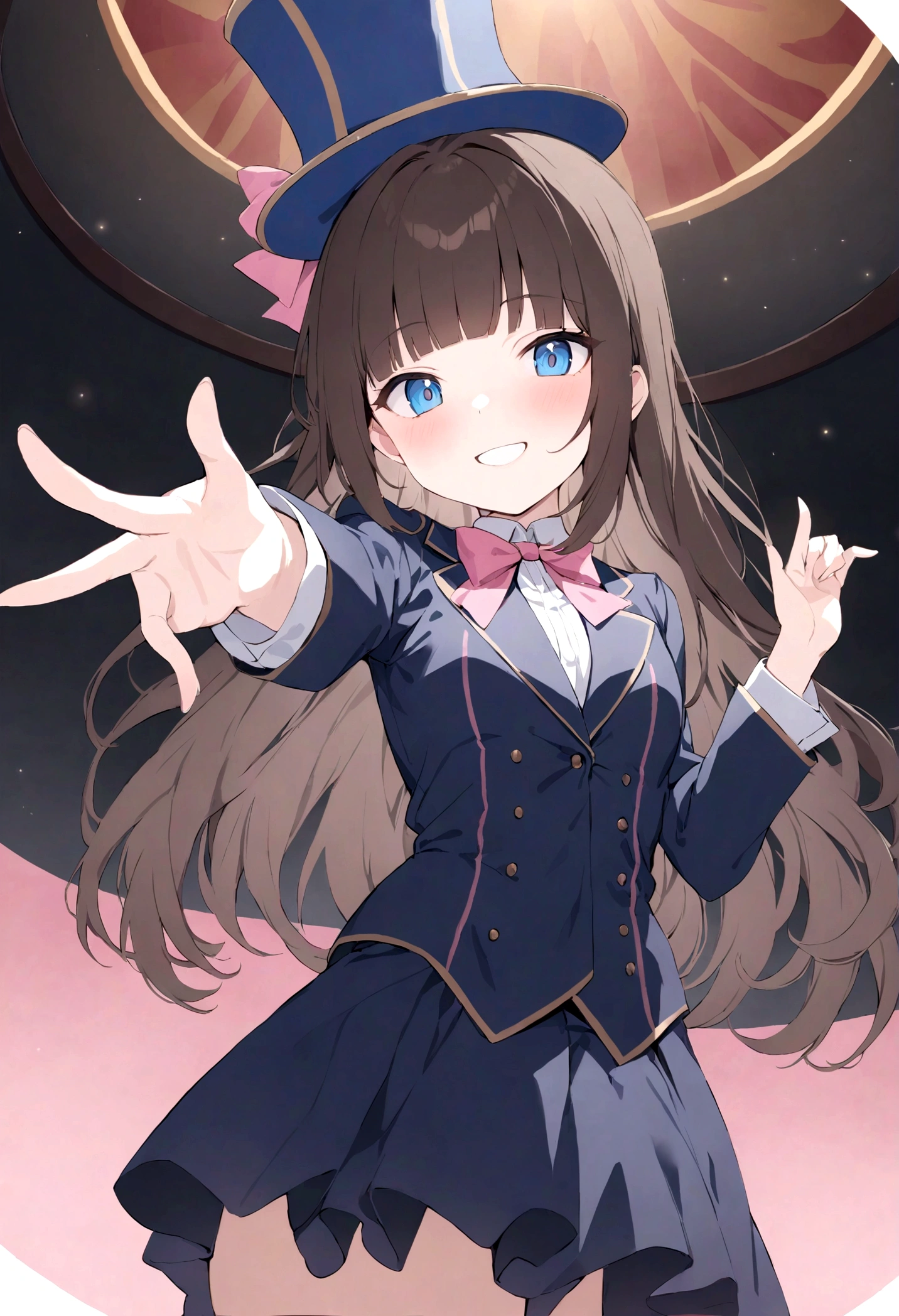 (masterpiece), best quality, expressive eyes, perfect face, solo, a magician girl, big top hat, ((gradient dark brown hair to pink 40%)), long hair, hime cut, blunt bangs, blue eyes, cheeky grin, (dark blue formal clothes), cowboy shot, pinting viewer, low_angle_human, theater scenery