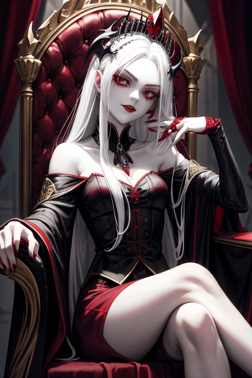 Female Vampire With Ruby Eyes Sitting Sexily on Throne, Long White Hair, Skull in Corner:
(best quality, highres: 1.2)
1 vampire, ruby eyes, long white hair, extremely detailed, long lashes, dark background, few or small amount of skull in corner, exquisitely rendered, close-up portrait, vampiric elegance, bare shoulders, seductive smile, sensual pose, sitting, red lips, sharp fang, high-contrast lighting, vampire-themed crown, Gothic throne, blood stains, black velvet, crimson robe, opulent setting, dark and moody