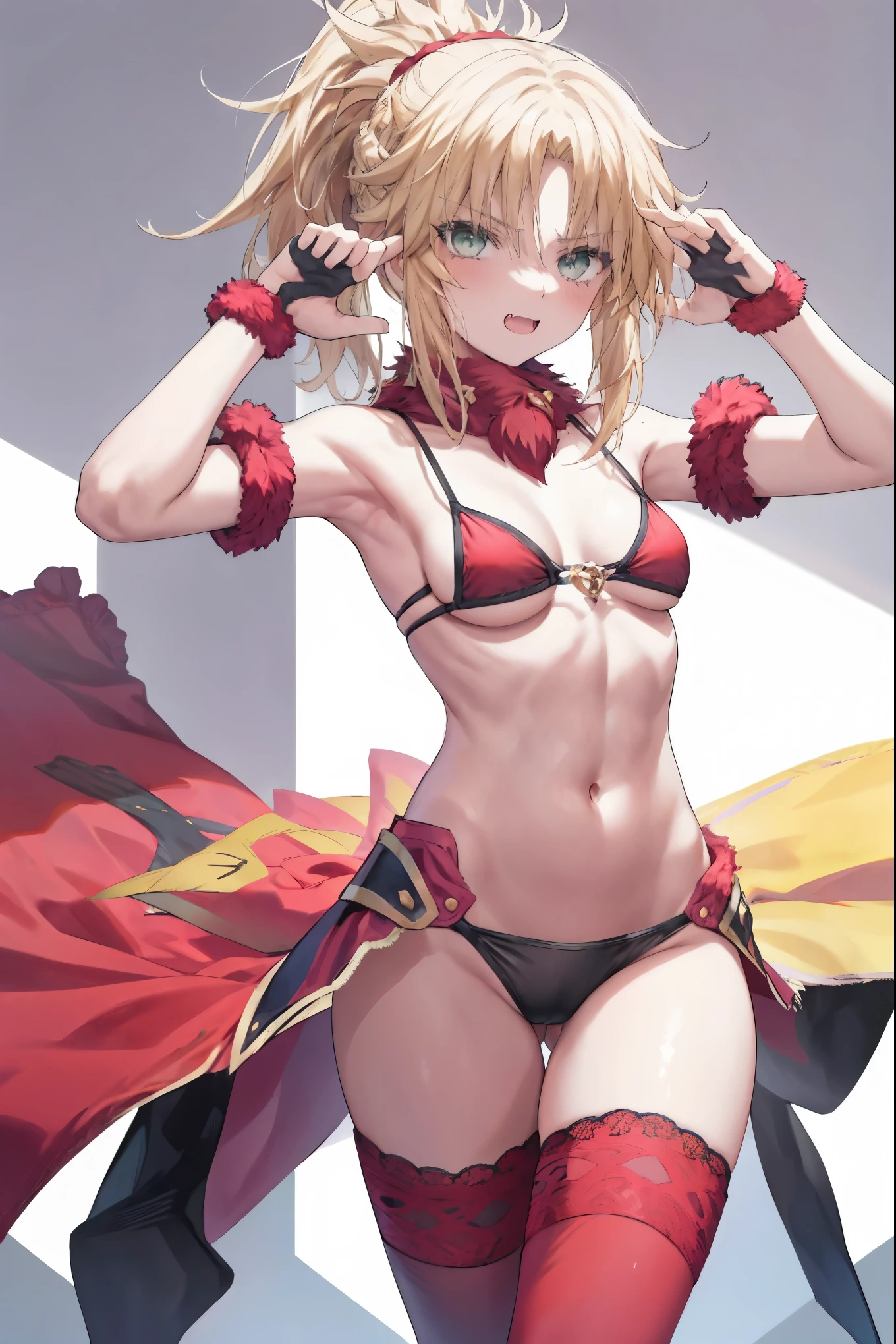 Masterpiece, Best Quality, illustration, city, 1girl, Mordred \(fate\), collarbone, Detailed blond hair ponytail braid, green eyes,,navel,thigh-high, covered_pussy,flat_chest,long_sworddangerousbeast,elbow_gloves,
,wolf_tail,wolf_ears,fang,happy,nihil,smile,spread_legs,claw_pose,armpits,open_mouth,angry,squat,bikini_bottoms,rise_hands,Highquality_hads,perfect_fingers,oil