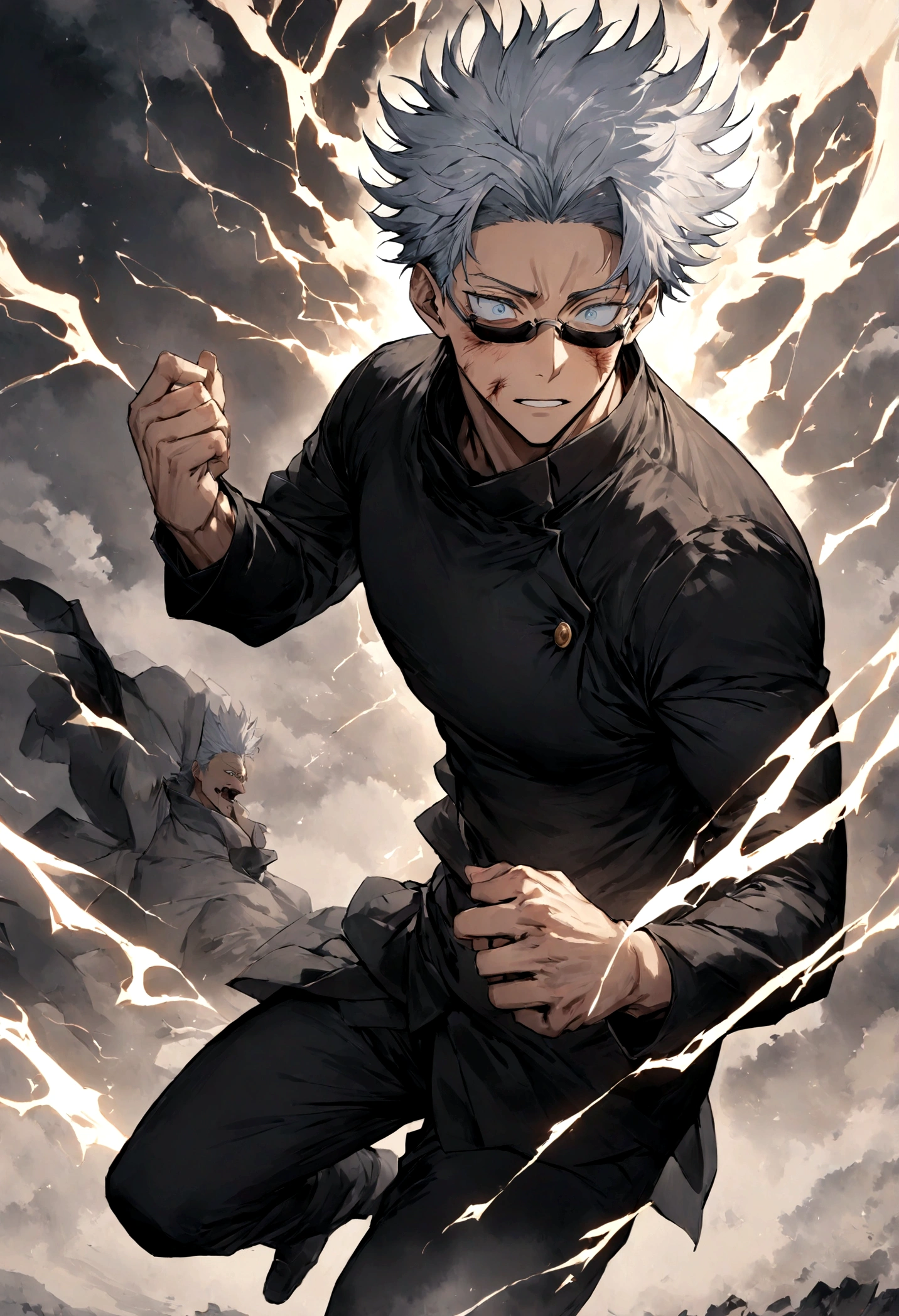 1 boy, Men's Center, Satoru gojou,Jujutsu Kaisen、Injury, electricity,, masterpiece, highest quality,、cool、、strongest、