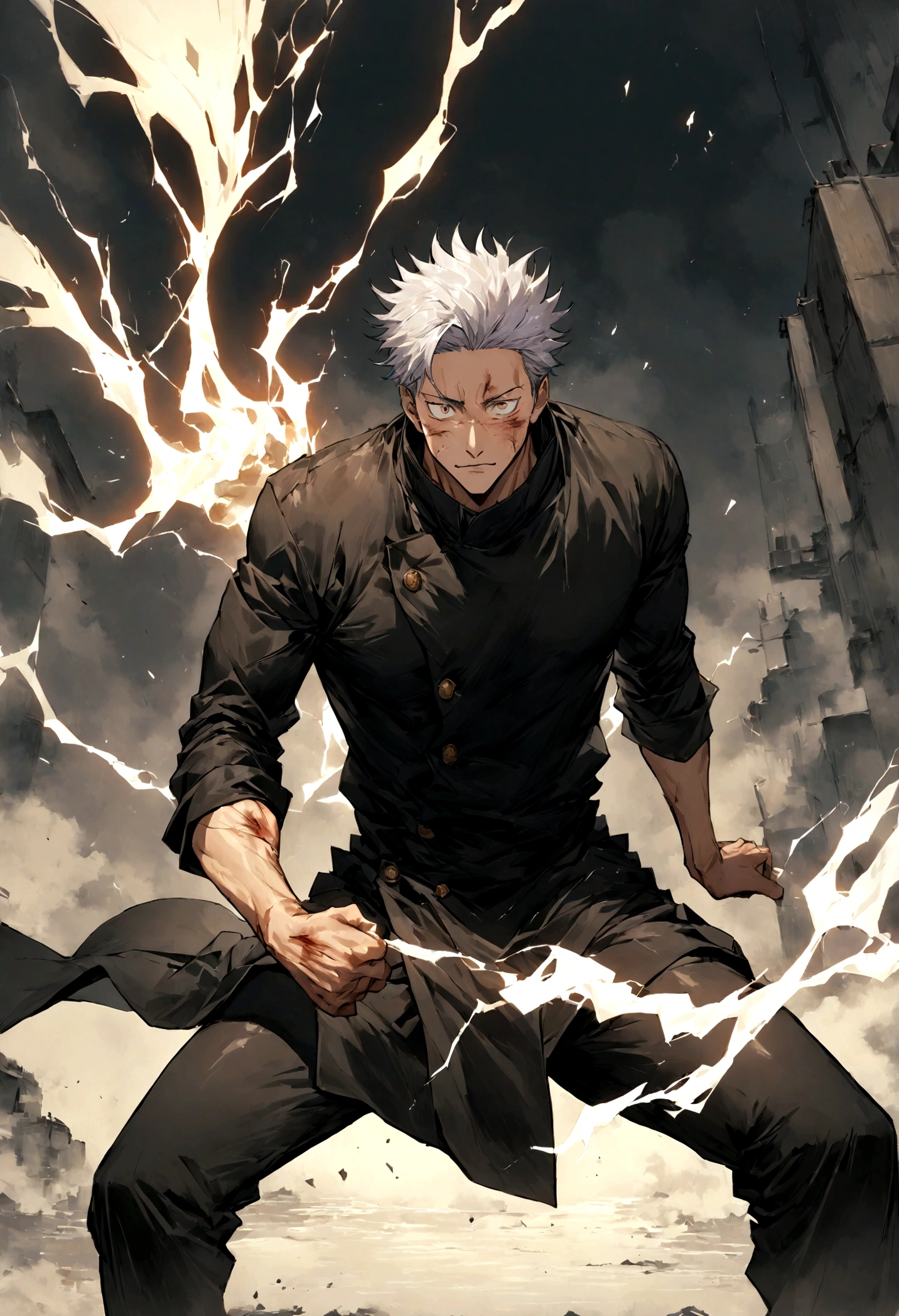 1 boy, Men&#39;s Center, Satoru gojou,Jujutsu Kaisen、Injury, electricity,, masterpiece, highest quality,、cool、、strongest、