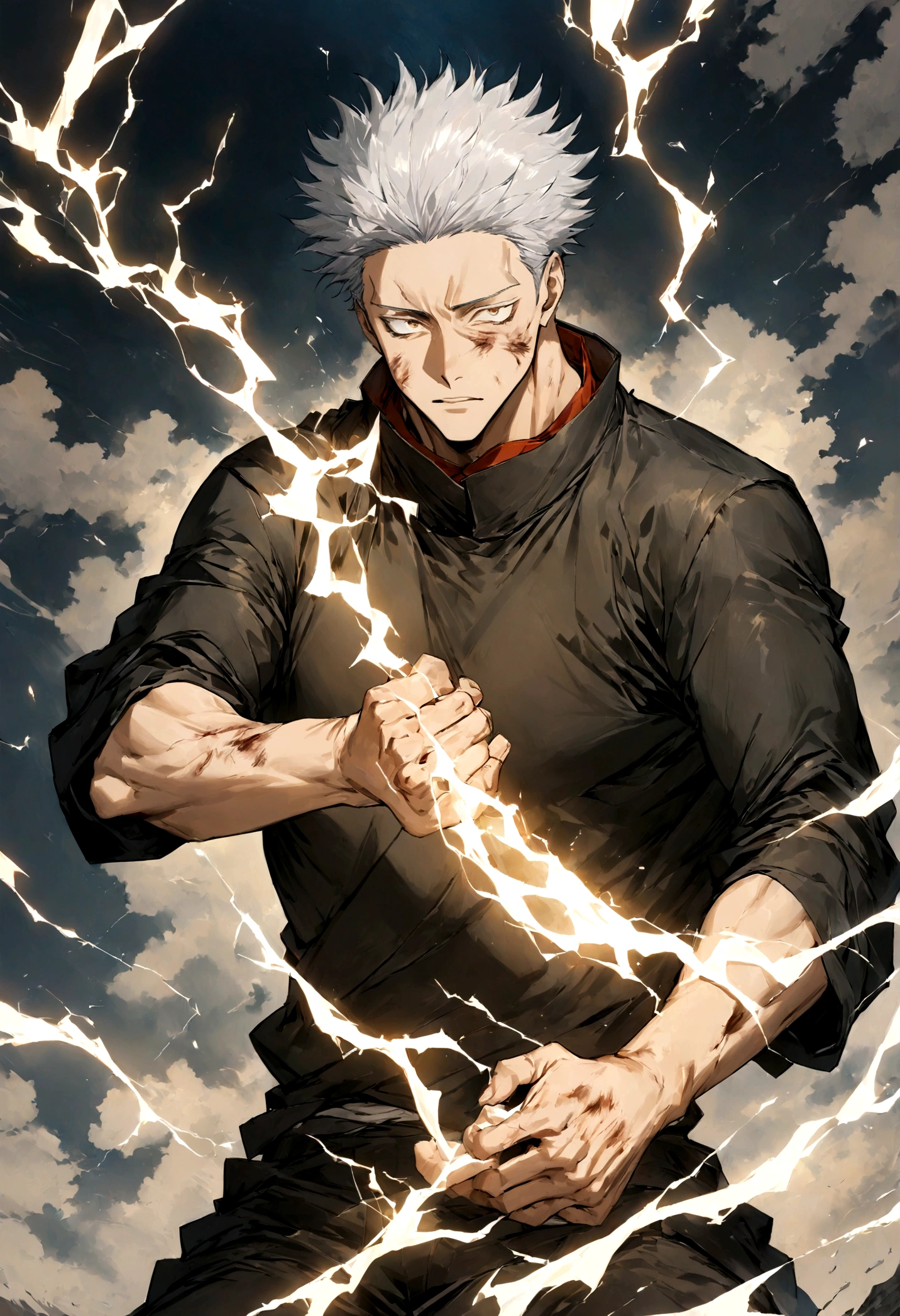 1 boy, Men's Center, Satoru gojou,Jujutsu Kaisen、Injury, electricity,, masterpiece, highest quality,、cool、、strongest、