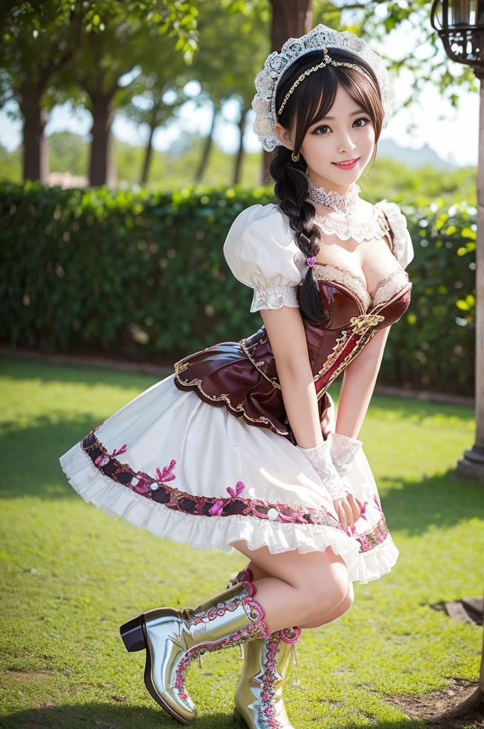 (nsfw), sexy stylish Thai princess, only 1 female, ((doll-like appearance)), short Mahogany stylish hair, ((shiny Victorian-Style boots)), (big smile), ultra detailed eyes, vivid makeup, lip-gloss, long lashes, defined eyebrows, ((sexy Paradise Kiss cosplay)), bell-shaped skirt, petticoats, high neckline, puffed sleeves, ((ultra detailed lace)), ((ultra detailed embroidery)), intricate details, Paradise Kiss accessoires and matching headpiece, choker, ((large sparkling Paradise Kiss jewelry)), cinematic light, detailed large park background with trees