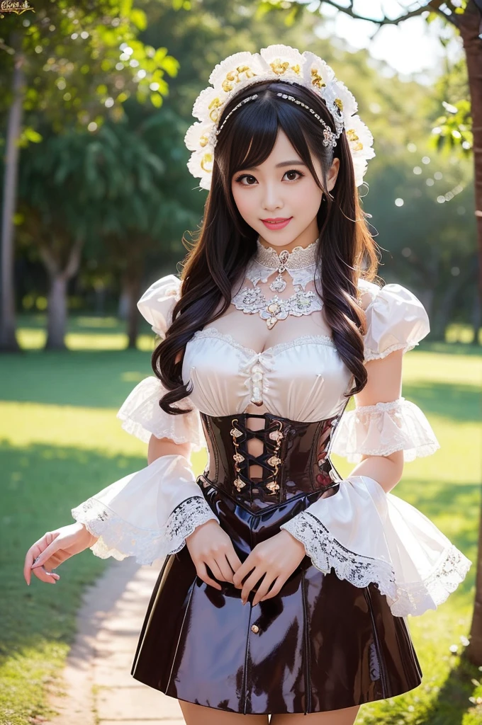 (nsfw), sexy stylish Thai princess, only 1 female, ((doll-like appearance)), short Mahogany stylish hair, ((shiny Victorian-Style boots)), (big smile), ultra detailed eyes, vivid makeup, lip-gloss, long lashes, defined eyebrows, ((sexy Paradise Kiss cosplay)), bell-shaped skirt, petticoats, high neckline, puffed sleeves, ((ultra detailed lace)), ((ultra detailed embroidery)), intricate details, Paradise Kiss accessoires and matching headpiece, choker, ((large sparkling Paradise Kiss jewelry)), cinematic light, detailed large park background with trees