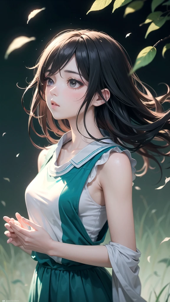 (High Detail:1.2) Anime Girl, (Cinematic Lighting, Delicate Colors), (Falling Leaves:1.2), Lighting Calm, Wind, Fog. Turquoise, delta tones.