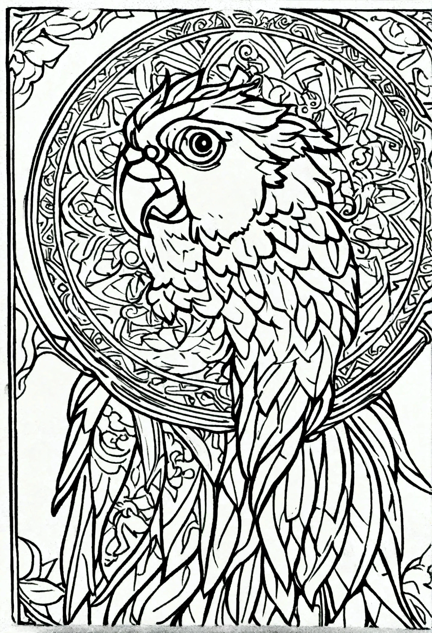 monochrome, adult coloring page, vectorization, mandala, parrot image, white background, clean line art, fine black line art, no grey