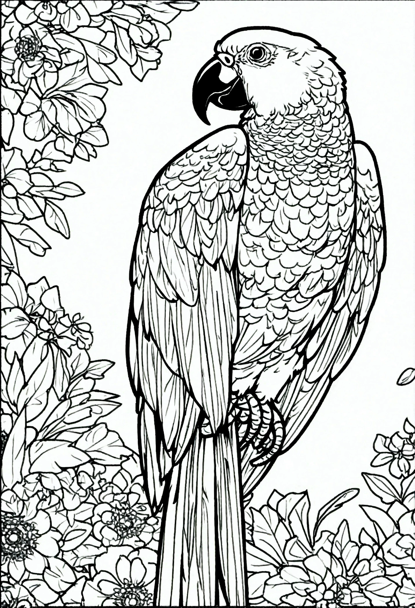 monochrome, adult coloring page, vectorization, mandala, parrot image, white background, clean line art, fine black line art, no grey