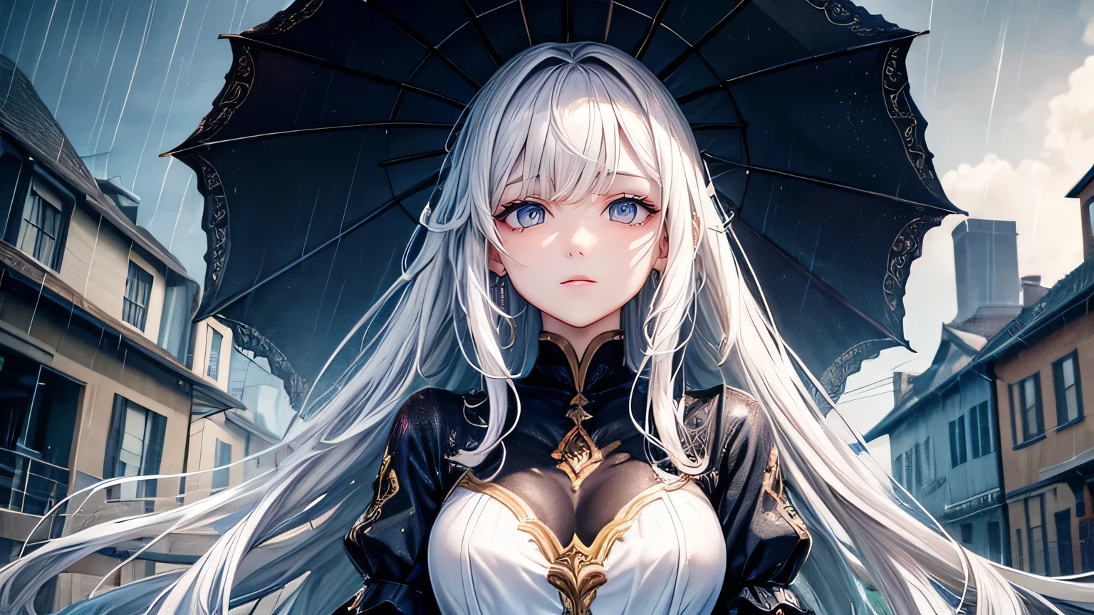A woman sheltering from the rain,,1.3, Beautiful Hair: 1.2,1.2,Eaves of a private house,1.1, Ultra-high resolution, Accurate, Super detailed, Textured skin, High detail, highest quality, 8k,Thin bangs,Upper Body,Well-drawn eyes, Focus on the face,Detailed hair depiction,Detailed depiction of eyes、Detailed depiction of hair,external fistula,The city where it is raining,Beautiful silver hair,Pale colored eyes,oversized white shirt,