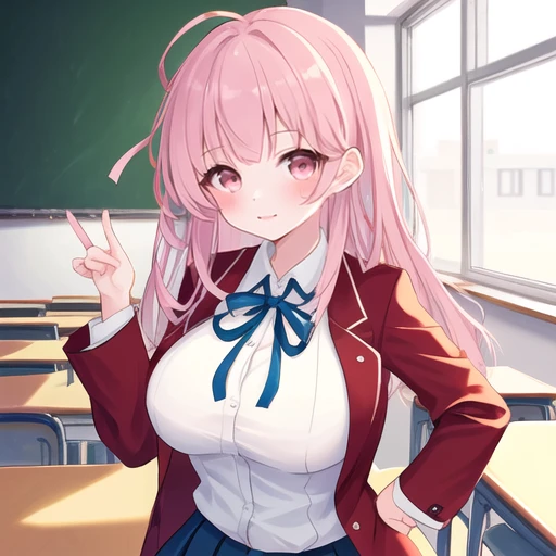 One girl、15 years old、Pink Hair、Dumpling、Red blazer、ribbon、skirt、Big Breasts、classroom、whole body