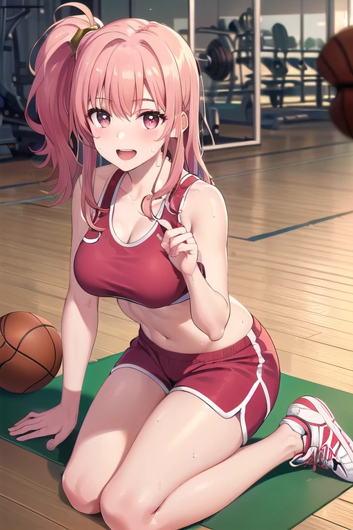 (8K, top-quality, masterpiece:1,2), (reallistic, Photorealsitic:1.37), Super Detail, One girl,), (Highly detailed), (beautifully detailed eyes), (of the highest quality), (super detailed ), (masterpiece), (Detailed face),20yr old, ,1 girl, ((pink hair,long hair)), medium breasts, clothed, Perfect Lighting, BREAK, (athletic wear:1.5), (red and gold:1.3), (gold track jacket:1.2), (deep red sports bra:1.4), (mesh tank top with white lines:1.3), (tight red shorts:1.5), (white running shoes with red and gold accents:1.4), (gold jewelry:1.2), (gold hairband:1.1), (high ponytail:1.1), (sexy and sporty:1.5), BRAKE, (upper body and knees in frame:1.3), (long pink hair in high ponytail:1.4), (sweaty and flushed cheeks:1.4), (smiling with slightly open mouth:1.4), (face slightly up:1.3), (kneeling with one hand on mat:1.5), (tight red sports bra:1.5), (gold track jacket:1.4), (white running shoes:1.3), (gym floor with basketball hoop:1.4), (natural light from large windows:1.4), BRAKE