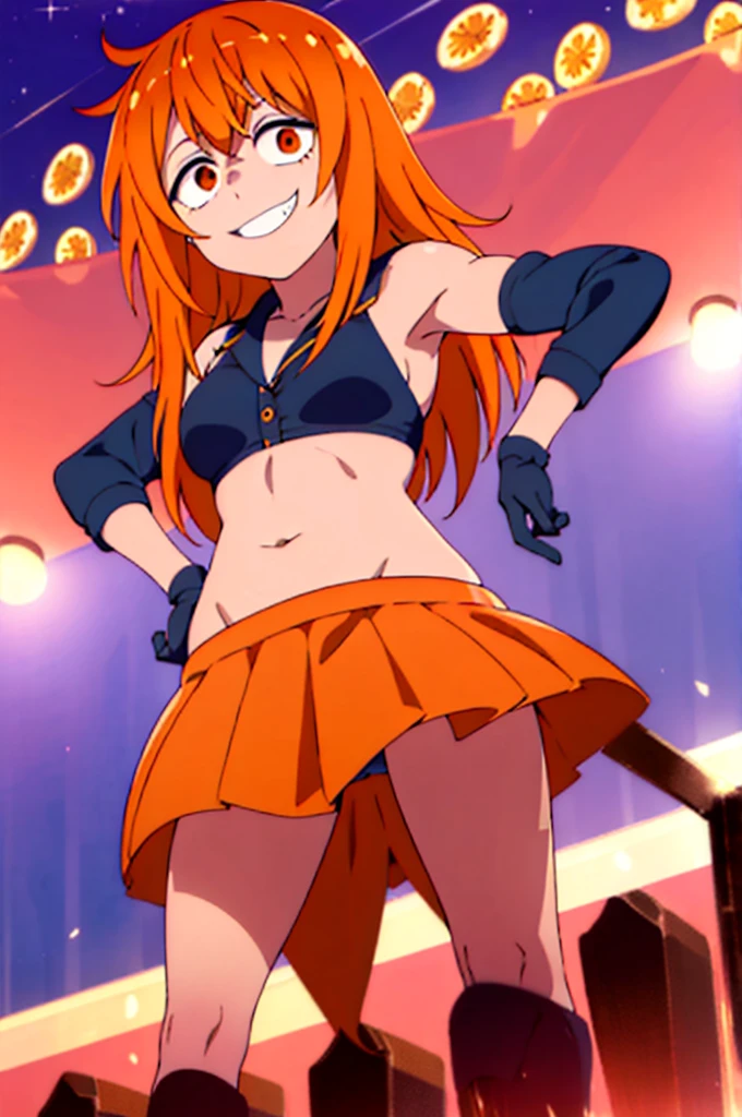 1chica, solo, sentado, obra maestra, uniforme escolar, cara perfecta, cabello naranja, (ojos naranjas: 1), cara hermosa, sonrisa malvada, ((cuerpo femenino perfecto, cintura estrecha)), belly